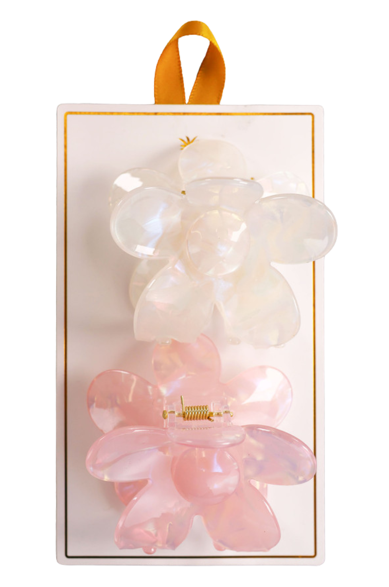 Two hair clips, one green and one brown, displayed on a vertical cardboard stand with a logo at the top.