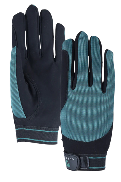 Pair of black and teal gloves on a white background