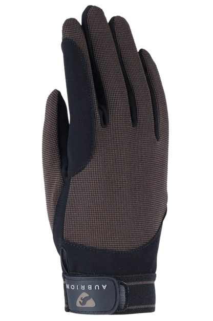 Brown and black glove with a visible brand logo on a white background