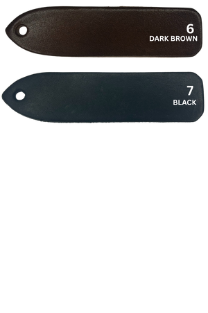 A custom leather key chain with a brass engraved plate, showing the store name and logo.