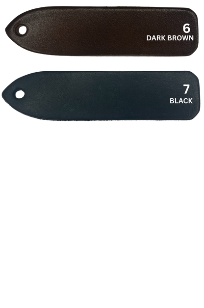 A custom leather key chain with a brass engraved plate, showing the store name and logo.