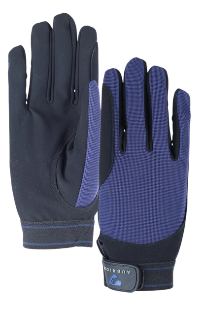 Pair of black and blue gloves with a visible brand logo on a white background