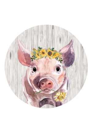 Illustration of a pig with a flower crown on a wooden background