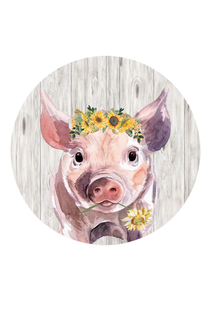 Illustration of a pig with a flower crown on a wooden background