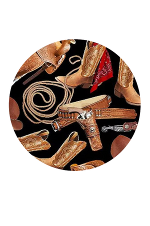 Circular design featuring cowboy boots, spurs, and lassos on a black background