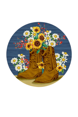 Illustration of brown cowboy boots with a bouquet of flowers on a blue background