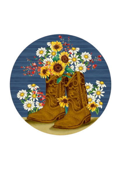 Illustration of brown cowboy boots with a bouquet of flowers on a blue background