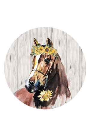 Painting of a horse with sunflowers on a wooden background