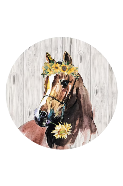 Painting of a horse with sunflowers on a wooden background