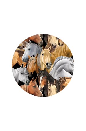 Circular design with various horse faces on a white background