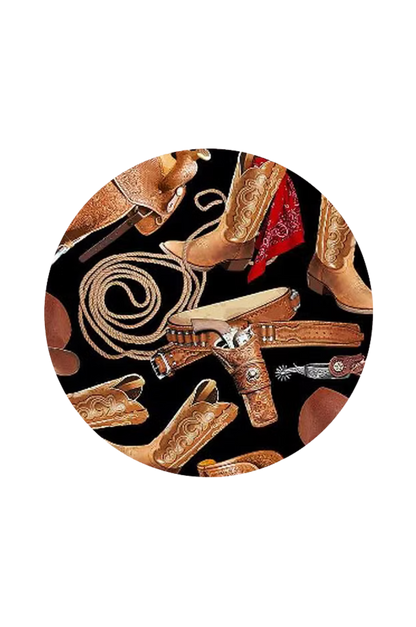 Circular design featuring cowboy boots and lasso on a black background