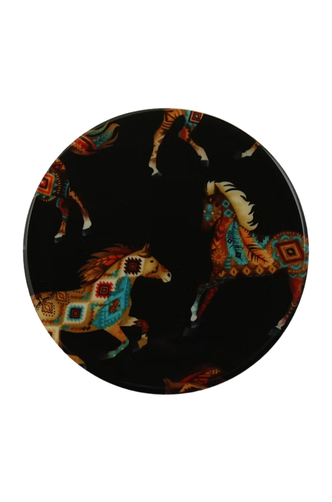 Round decorative item with horse designs on a black background