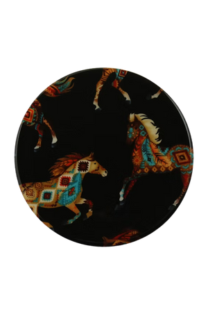 Round decorative item with horse designs on a black background