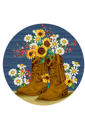 Brown cowboy boots with a bouquet of flowers on a blue background
