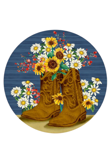 Brown cowboy boots with a bouquet of flowers on a blue background