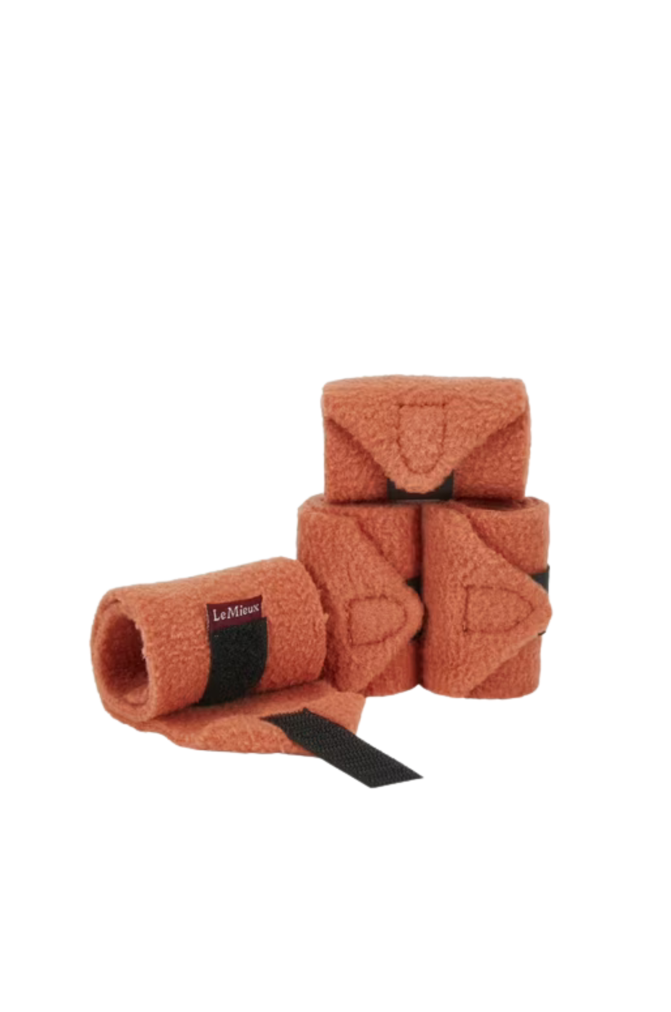 Set of brown horse leg wraps with black straps on a white background