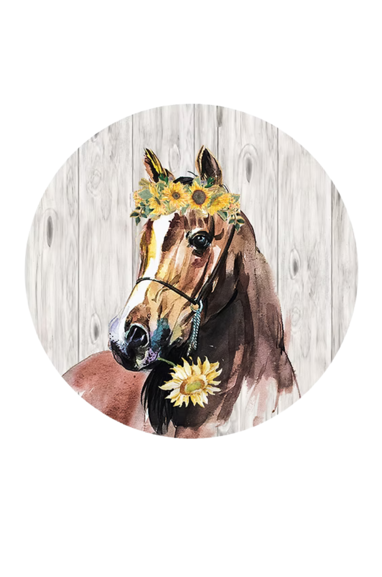 Horse with sunflower wreath on wooden background
