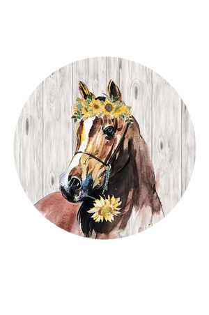 Horse with sunflower wreath on wooden background