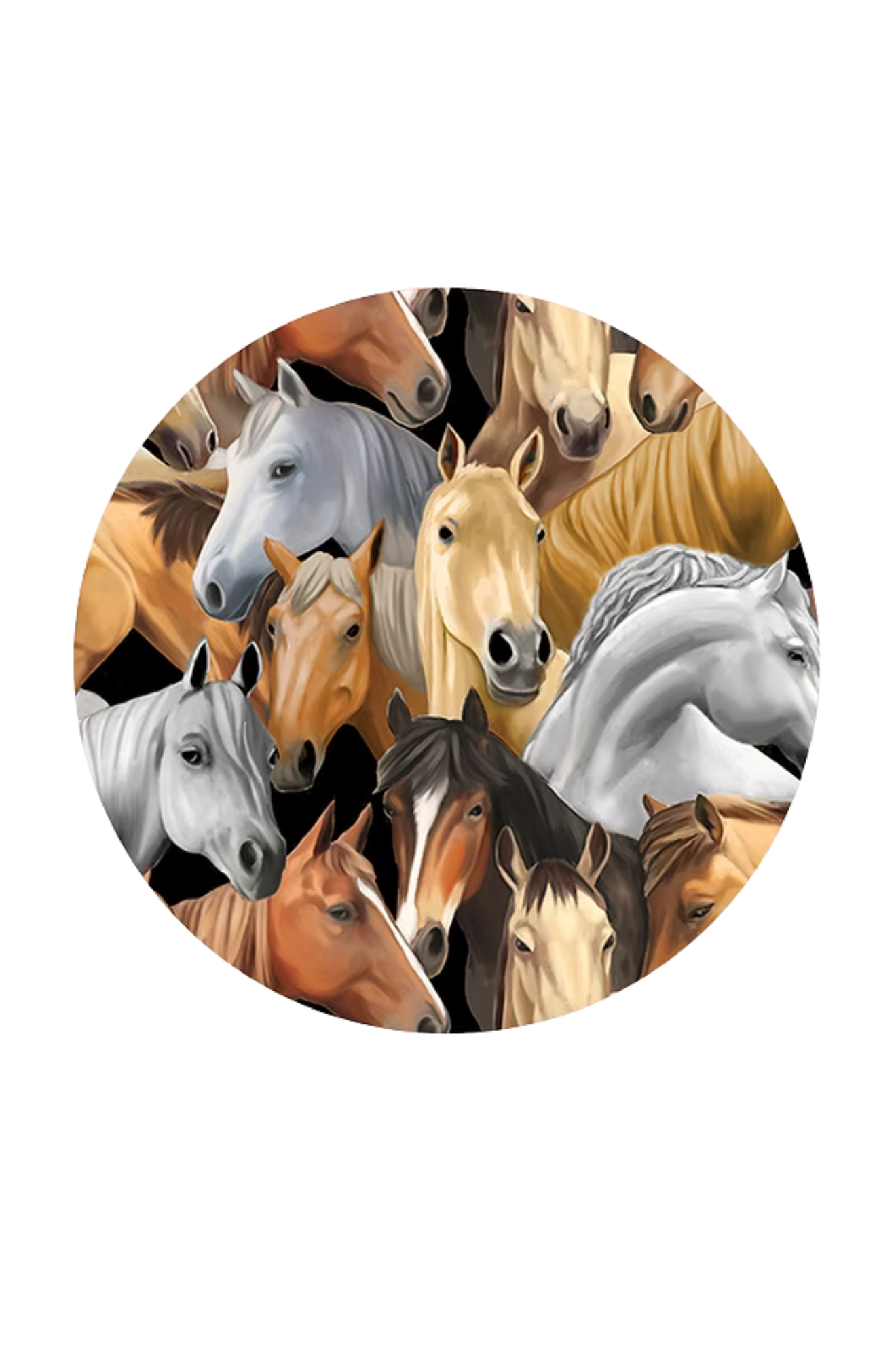 Circular design with various horses in different colors on a white background