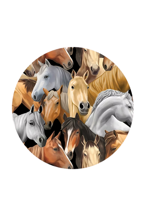 Circular design with various horses in different colors on a white background
