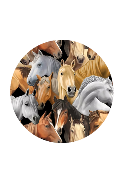 Circular design with various horses in different colors on a white background