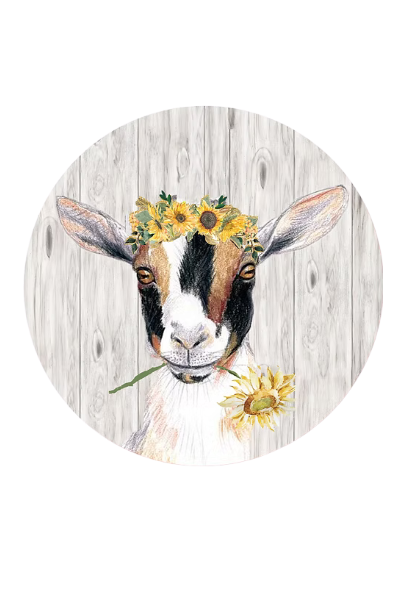 Illustration of a goat with a flower crown on a wooden background