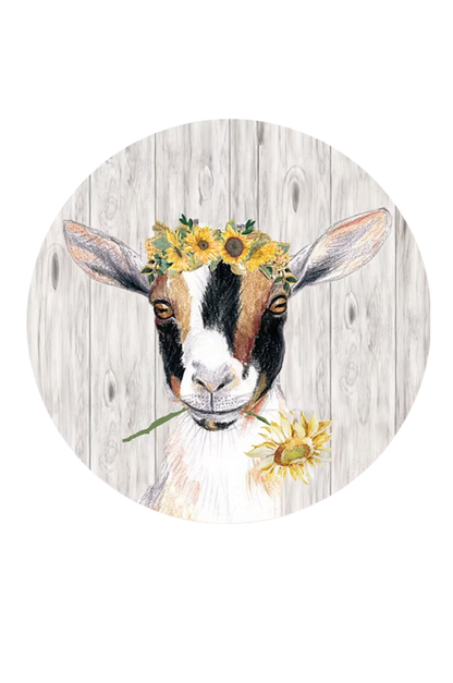 Illustration of a goat with a flower crown on a wooden background