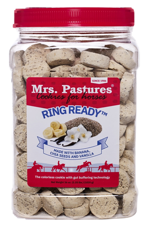 Jar of Mrs. Pastures Ring Ready cookies for horses with a red lid.