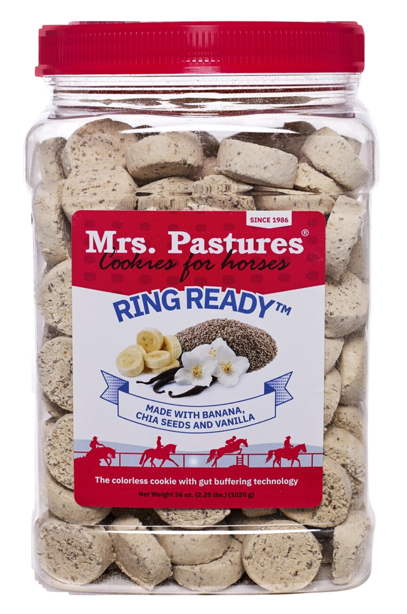 Jar of Mrs. Pastures Ring Ready cookies for horses with a red lid.