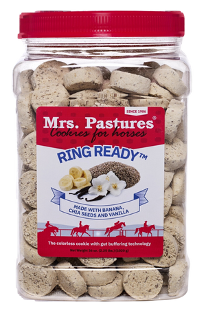 Jar of Mrs. Pastures Ring Ready cookies for horses with a red lid.