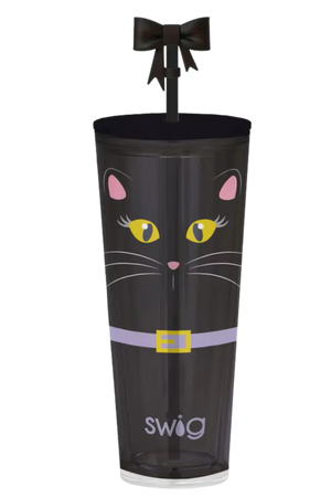 Black cat-themed tumbler with a bow on a white background, featuring the Swig brand.