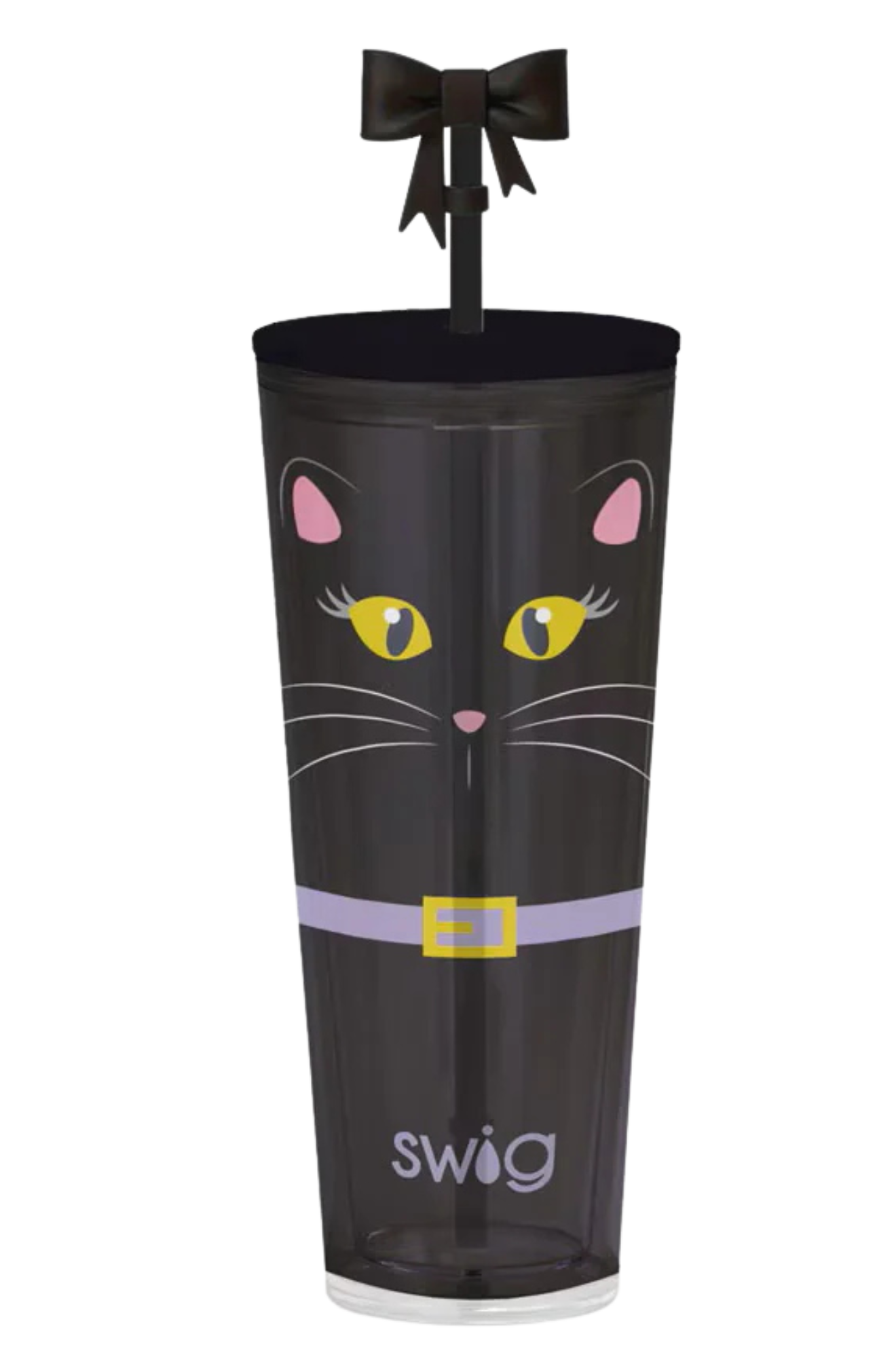 Black cat-themed tumbler with a bow on a white background, featuring the Swig brand.