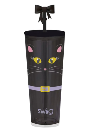 Black cat-themed tumbler with a bow on a white background, featuring the Swig brand.