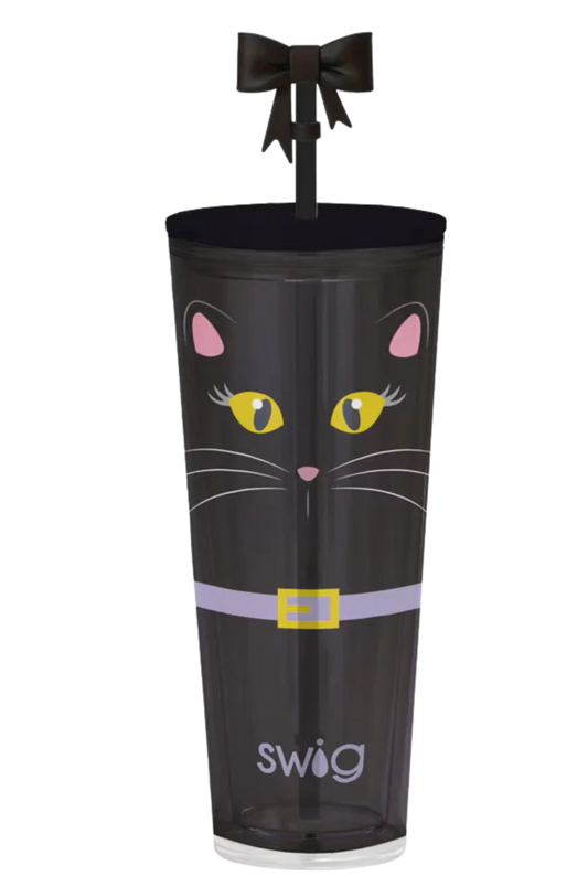 Black cat-themed tumbler with a bow on a white background, featuring the Swig brand.