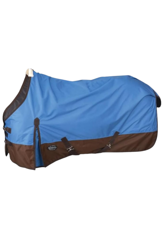 Blue and brown horse blanket on a white background