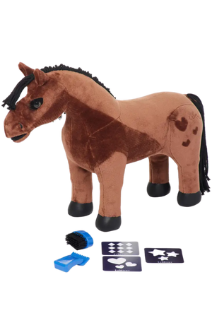 Plush horse toy with grooming tools and cards on a white background