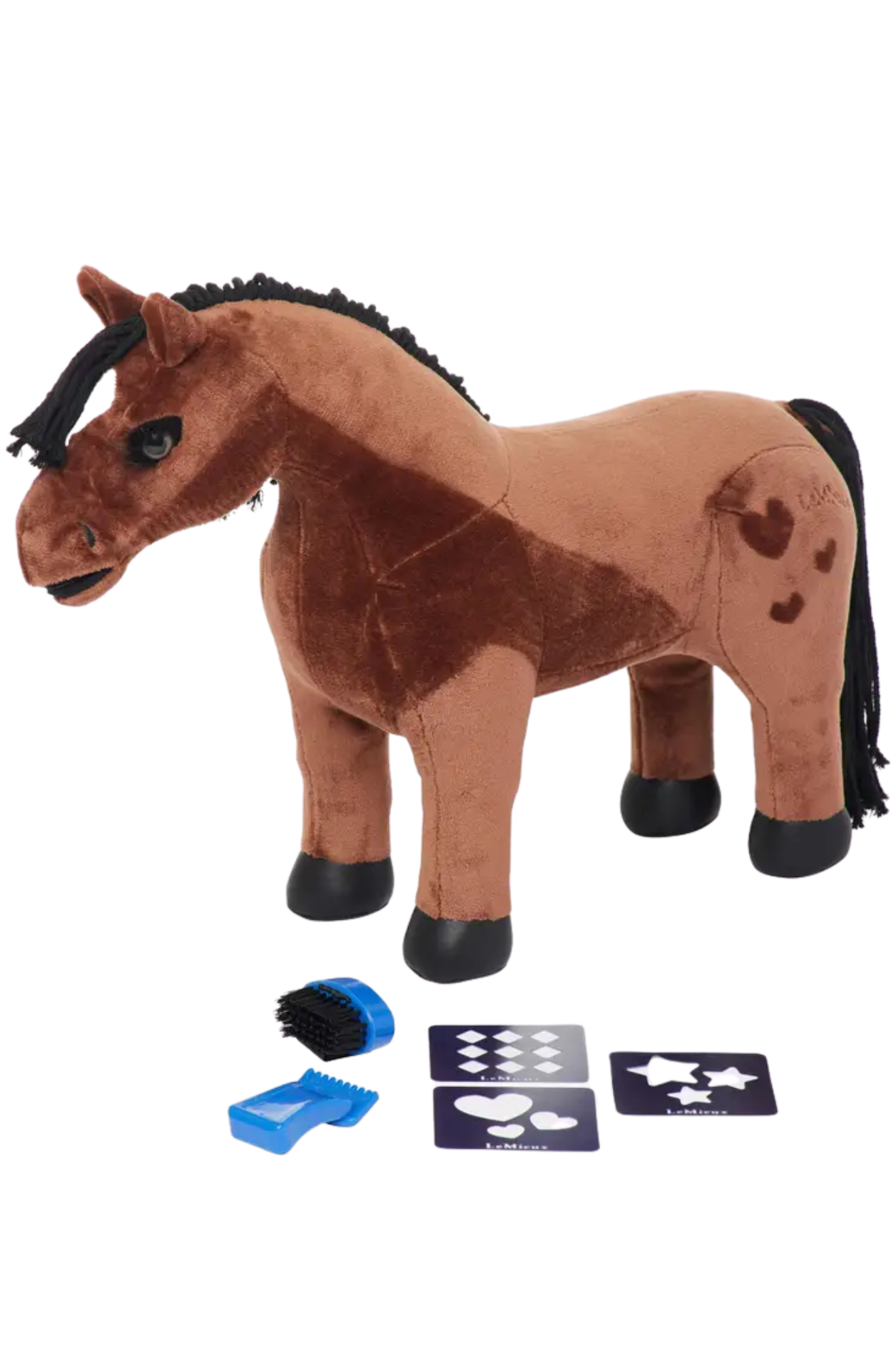 Plush horse toy with grooming tools and cards on a white background