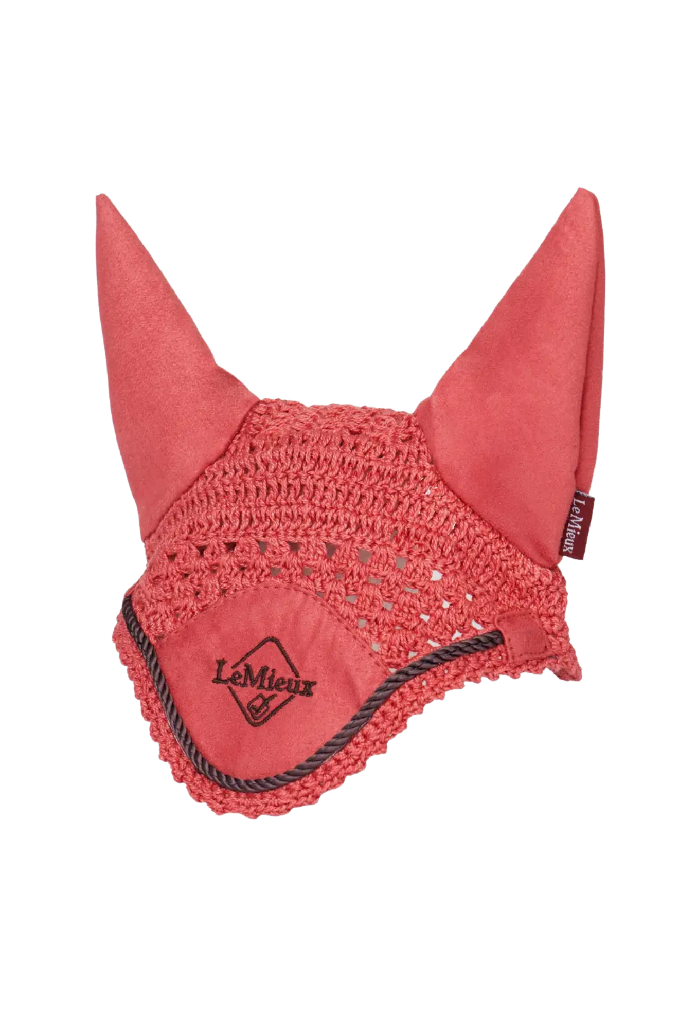 Red ear bonnet with black accents on a white background