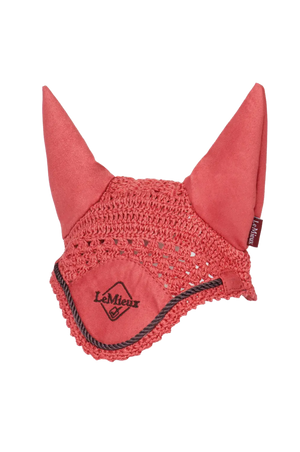 Red ear bonnet with black accents on a white background