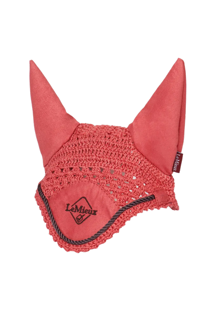 Red ear bonnet with black accents on a white background
