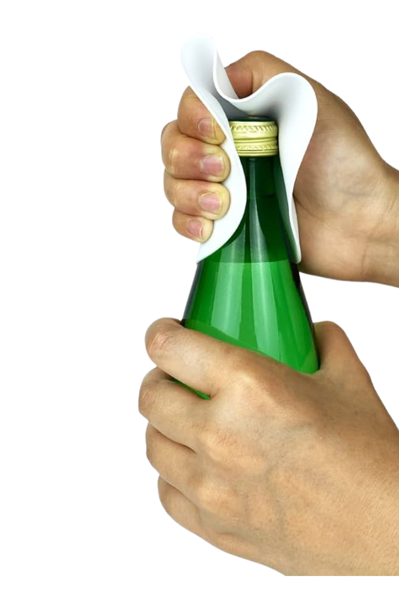 Person using a bottle opener to open a green bottle with a white background