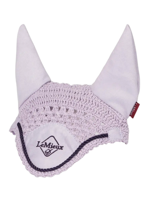 Equestrian ear bonnet with white horns and pink mesh on a white background, featuring the LeMieux brand.