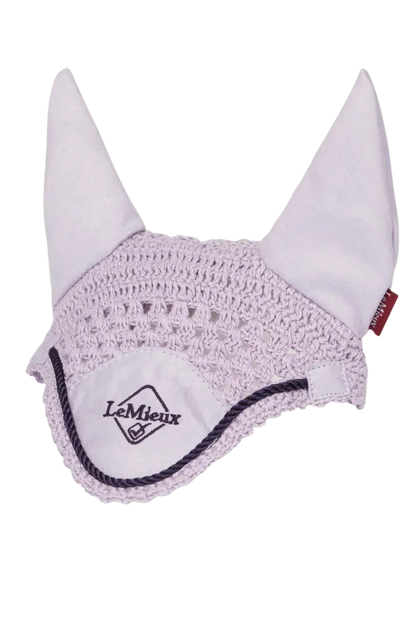 Equestrian ear bonnet with white horns and pink mesh on a white background, featuring the LeMieux brand.