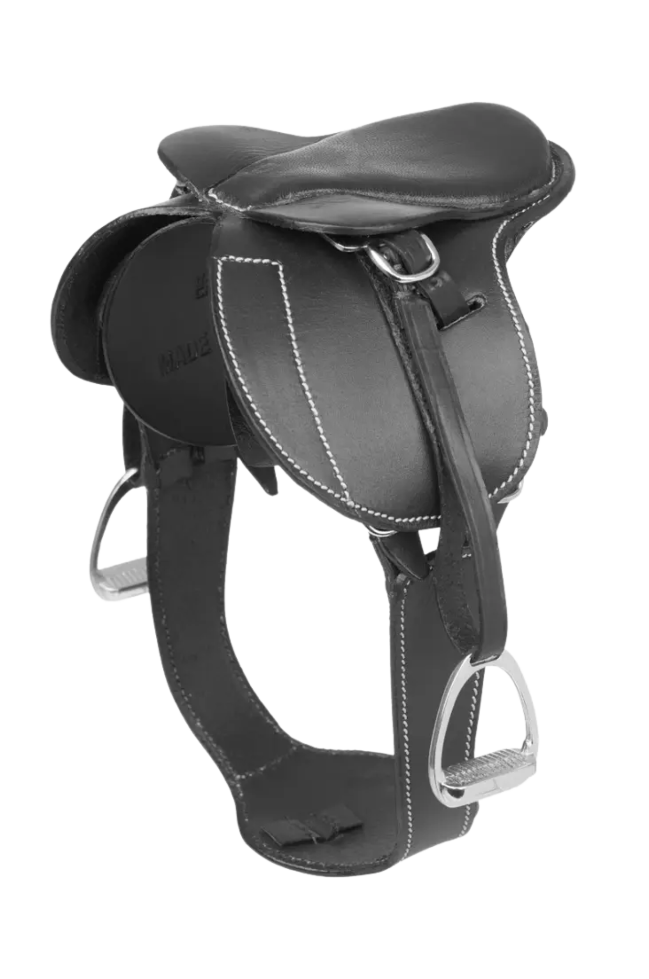 Black leather saddle on a white background