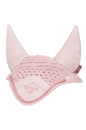 Pink ear bonnet with decorative elements on a white background