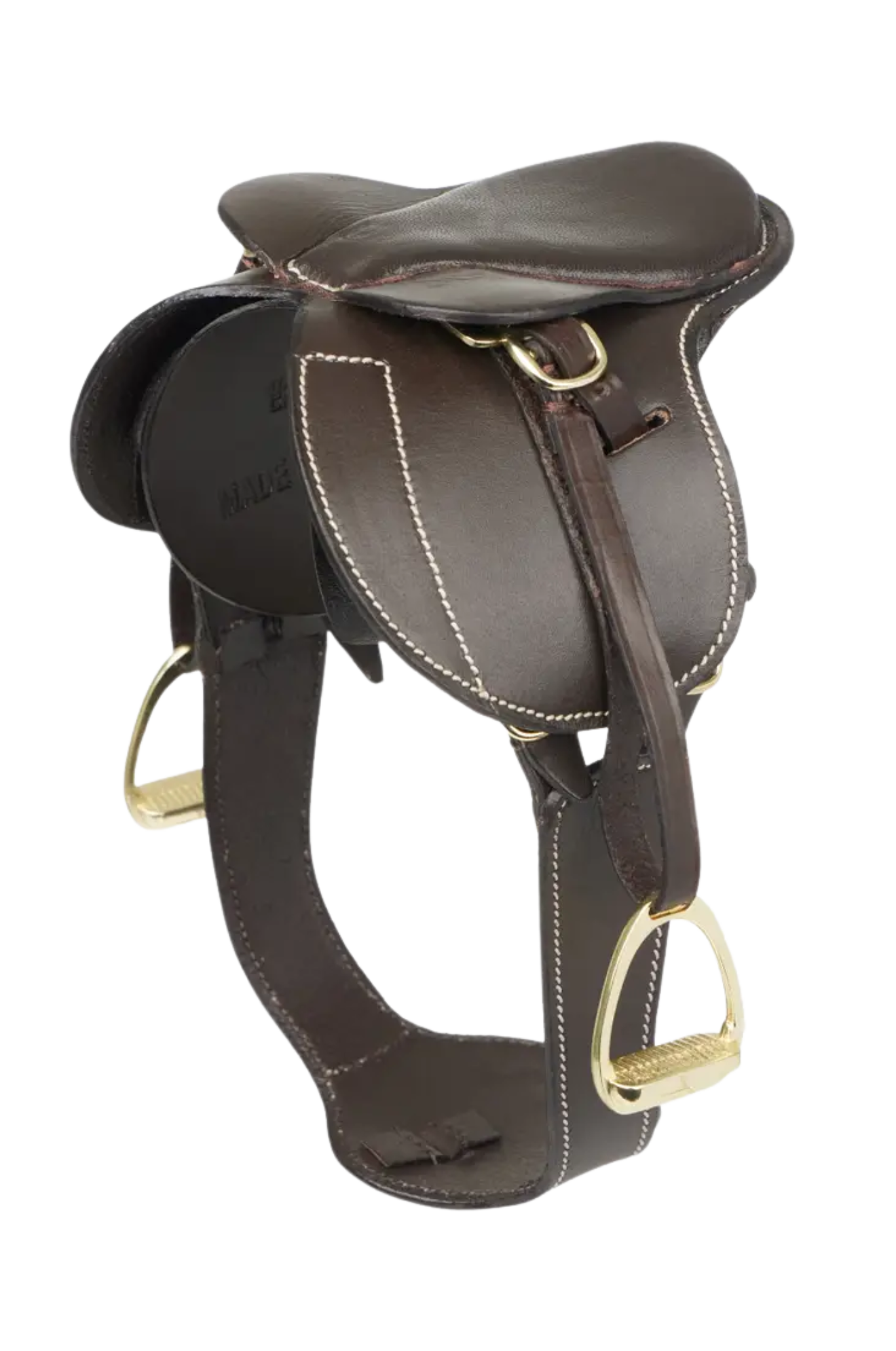 Brown leather saddle with gold hardware on a white background