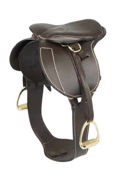 Brown leather saddle with gold hardware on a white background