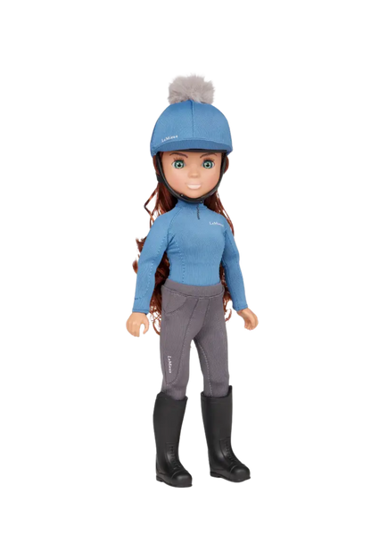 Doll wearing a blue outfit with a helmet on a white background
