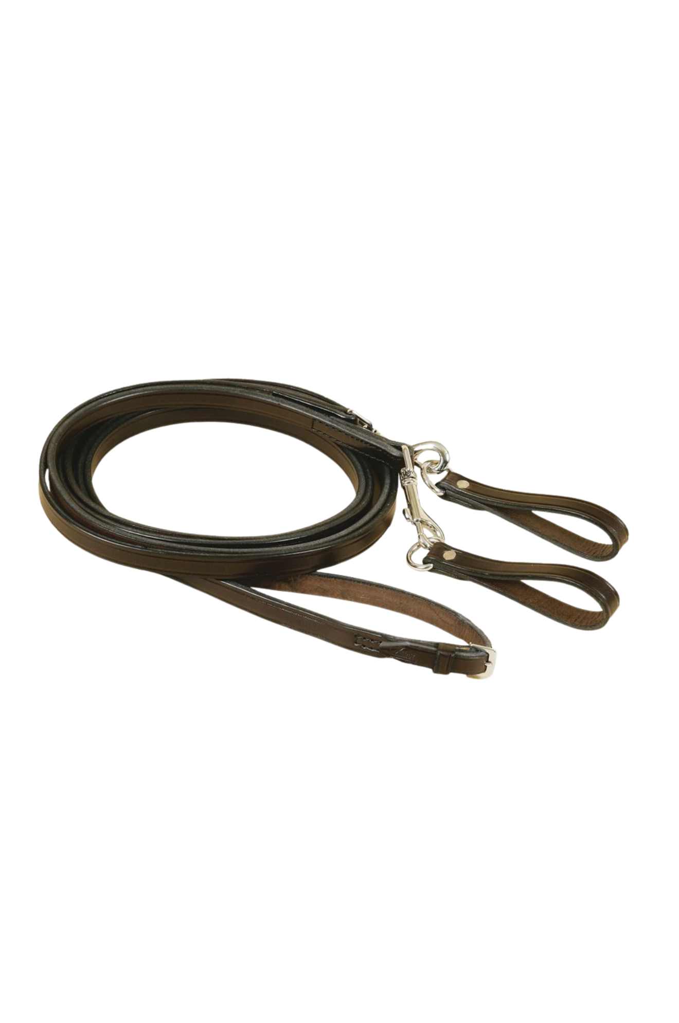 Brown leather dog leash with silver clip on a white background