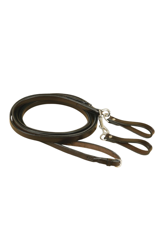 Brown leather dog leash with silver clip on a white background